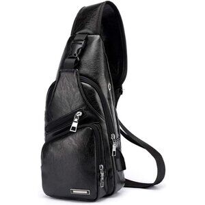 💫 Men Black Leather Crossbody Bag Business Campus Travel Charging Port Backpack
